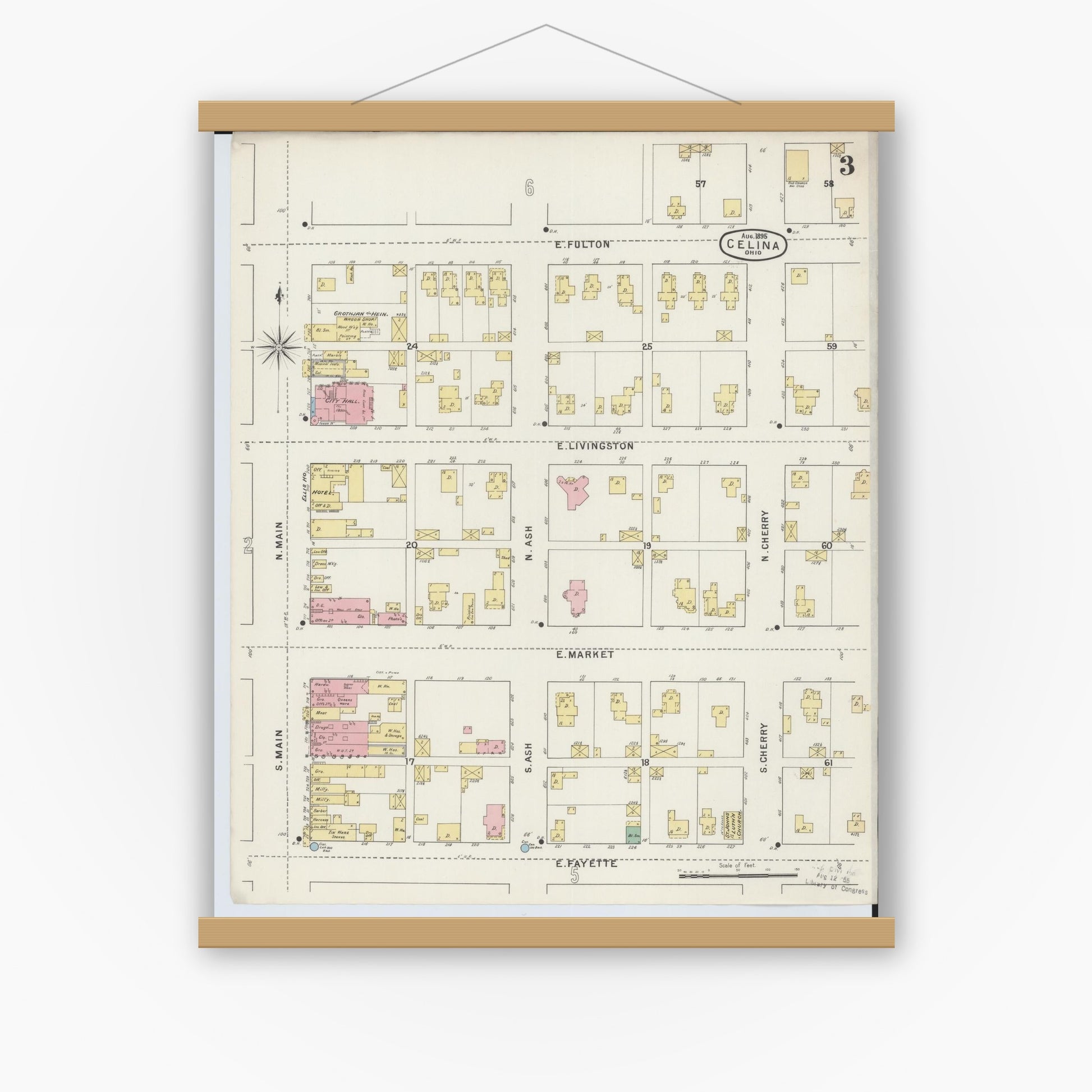Old map wall art mockup — magnetic wood frame on white wall — Sanborn Fire Insurance Map from Celina, Mercer County, Ohio (1895), Sheet #0003