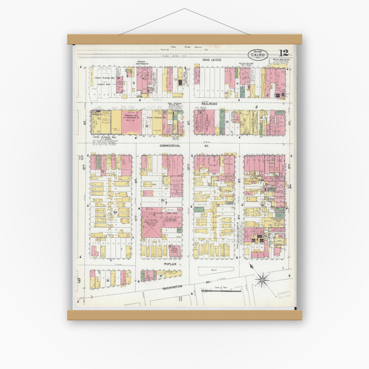 Old map wall art mockup — magnetic wood frame on white wall — Sanborn Fire Insurance Map from Cairo, Alexander County, Illinois (1901), Sheet #0012