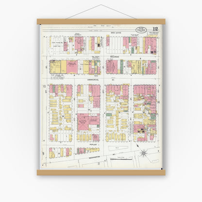 Old map wall art mockup — magnetic wood frame on white wall — Sanborn Fire Insurance Map from Cairo, Alexander County, Illinois (1901), Sheet #0012