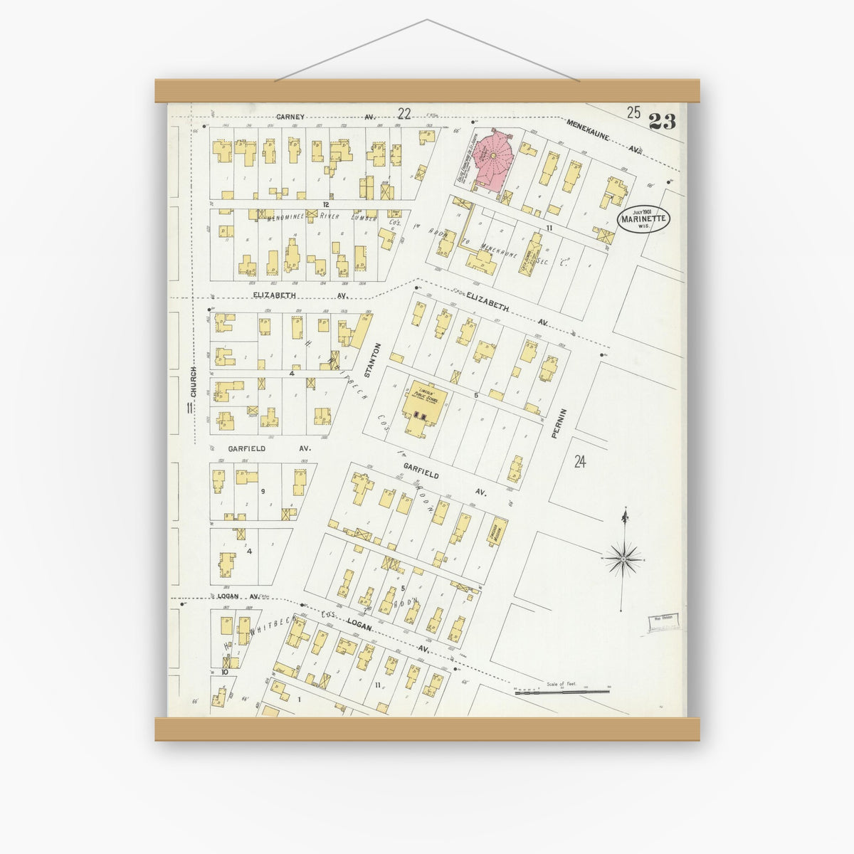 Old map wall art mockup — magnetic wood frame on white wall — Sanborn Fire Insurance Map from Marinette, Marinette County, Wisconsin (1901), Sheet #0023