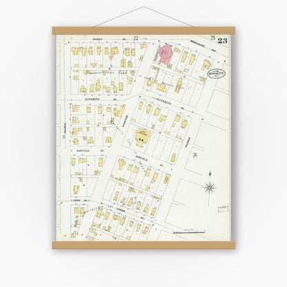 Old map wall art mockup — magnetic wood frame on white wall — Sanborn Fire Insurance Map from Marinette, Marinette County, Wisconsin (1901), Sheet #0023
