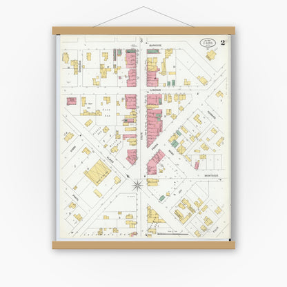 Old map wall art mockup — magnetic wood frame on white wall — Sanborn Fire Insurance Map from Caro, Tuscola County, Michigan (1900), Sheet #0002