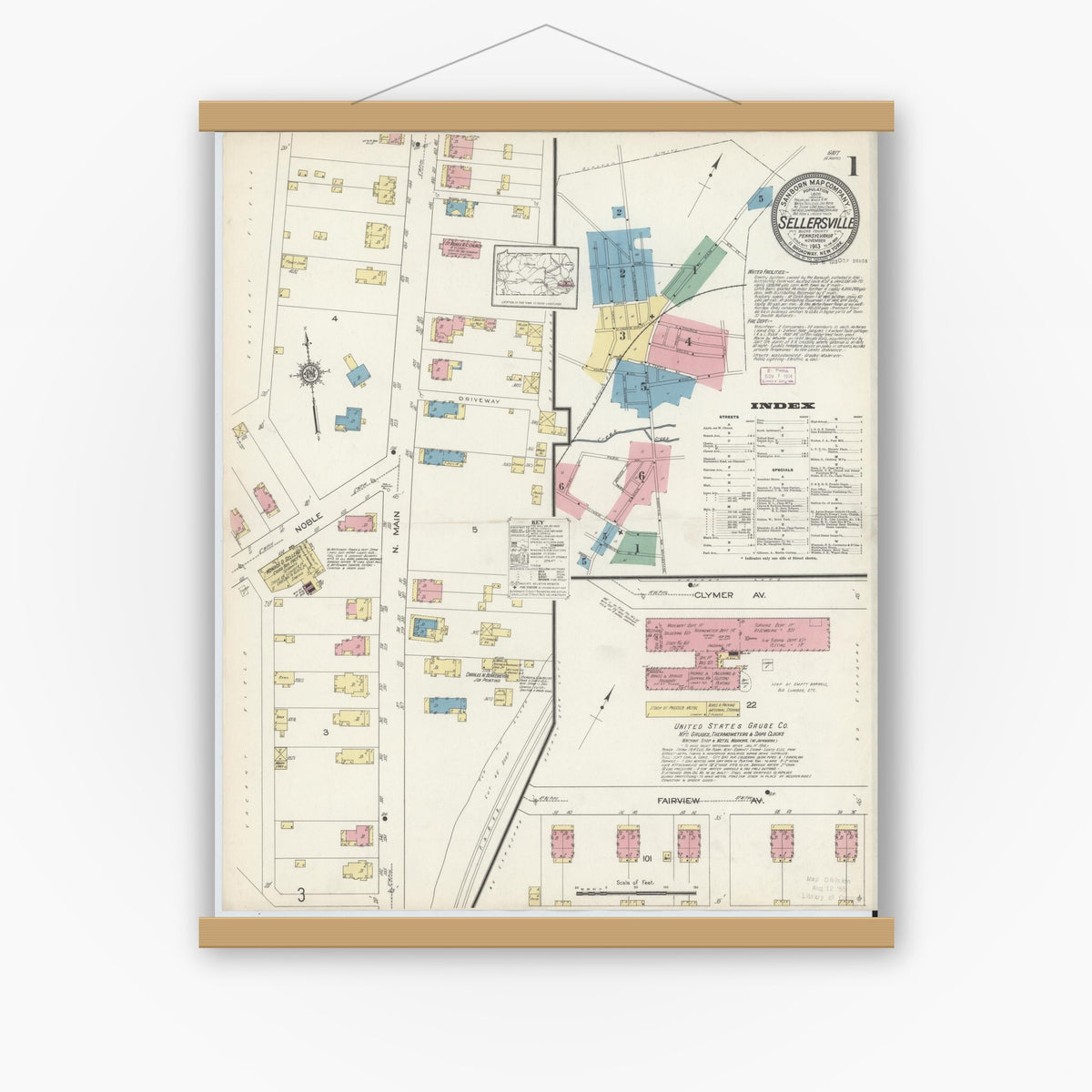 Old map wall art mockup — magnetic wood frame on white wall — Sanborn Fire Insurance Map from Sellersville, Bucks County, Pennsylvania (1913) - Complete Map Set