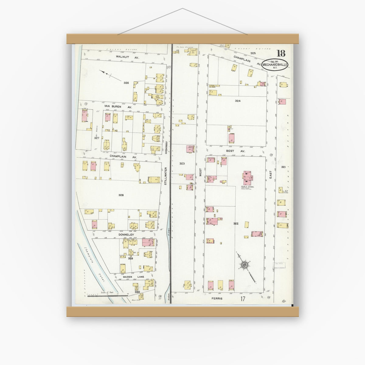 Old map wall art mockup — magnetic wood frame on white wall — Sanborn Fire Insurance Map from Mechanicville, Saratoga County, New York (1911), Sheet #0018