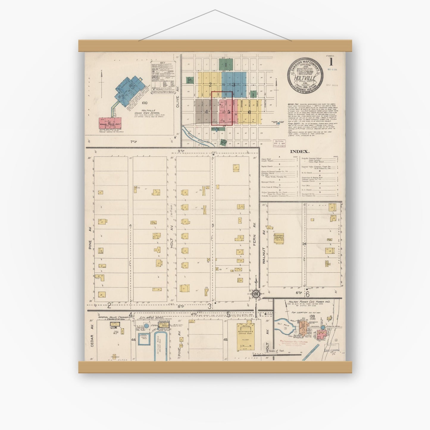 Old map wall art mockup — magnetic wood frame on white wall — Sanborn Fire Insurance Map from Holtville, Imperial County, California (1914) - Complete Map Set