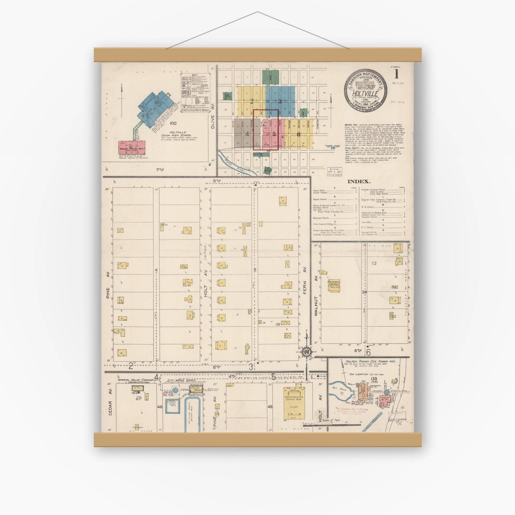 Old map wall art mockup — magnetic wood frame on white wall — Sanborn Fire Insurance Map from Holtville, Imperial County, California (1914) - Complete Map Set