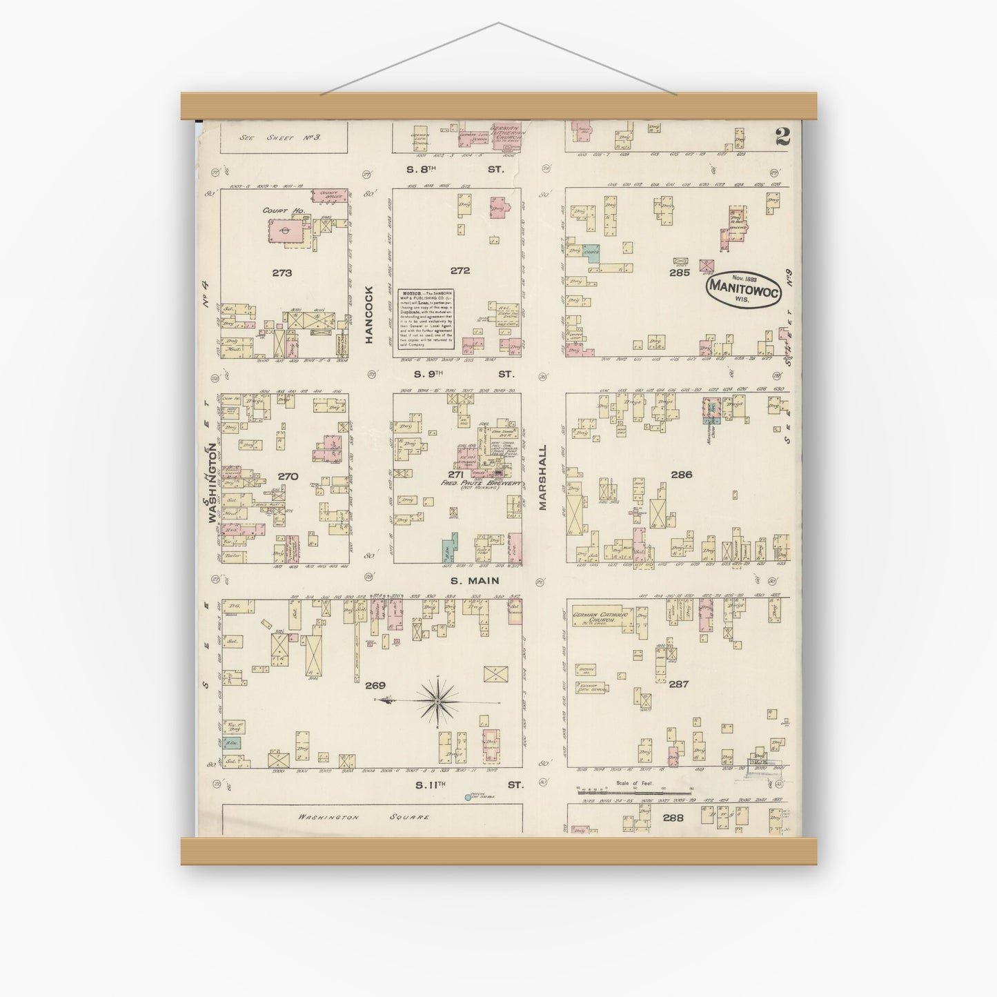 Old map wall art mockup — magnetic wood frame on white wall — Sanborn Fire Insurance Map from Manitowoc, Manitowoc County, Wisconsin (1883), Sheet #0002