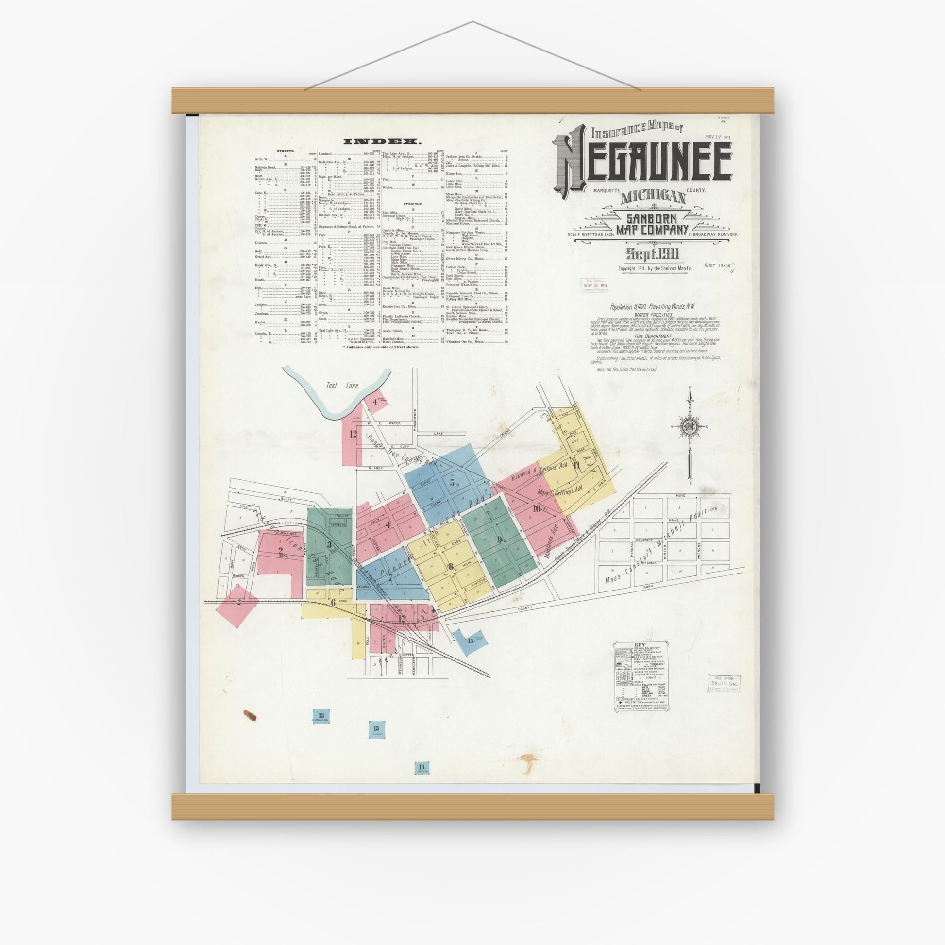 Old map wall art mockup — magnetic wood frame on white wall — Sanborn Fire Insurance Map from Negaunee, Marquette County, Michigan (1911) - Complete Map Set