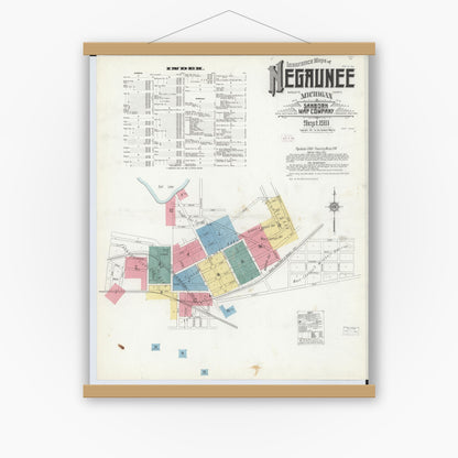 Old map wall art mockup — magnetic wood frame on white wall — Sanborn Fire Insurance Map from Negaunee, Marquette County, Michigan (1911) - Complete Map Set