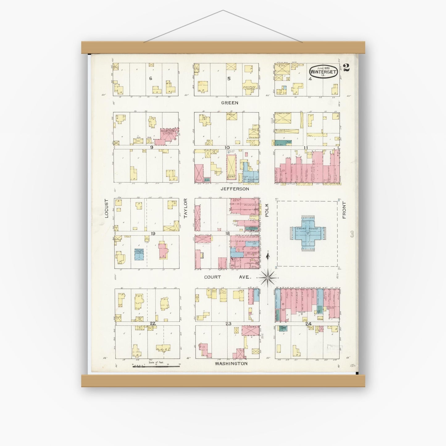 Old map wall art mockup — magnetic wood frame on white wall — Sanborn Fire Insurance Map from Winterset, Madison County, Iowa (1893), Sheet #0002