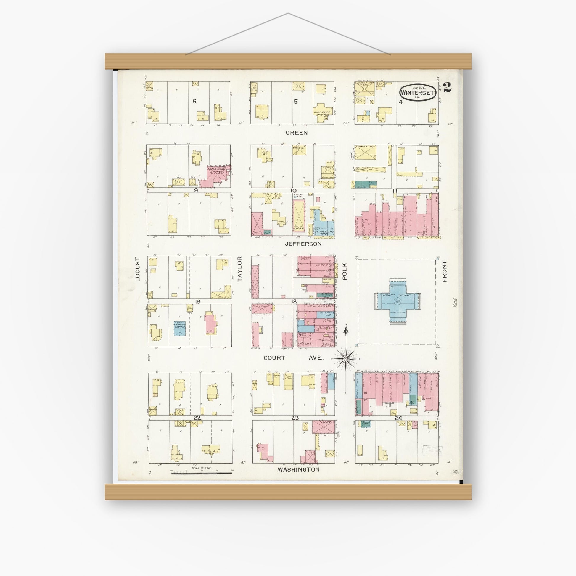 Old map wall art mockup — magnetic wood frame on white wall — Sanborn Fire Insurance Map from Winterset, Madison County, Iowa (1893), Sheet #0002