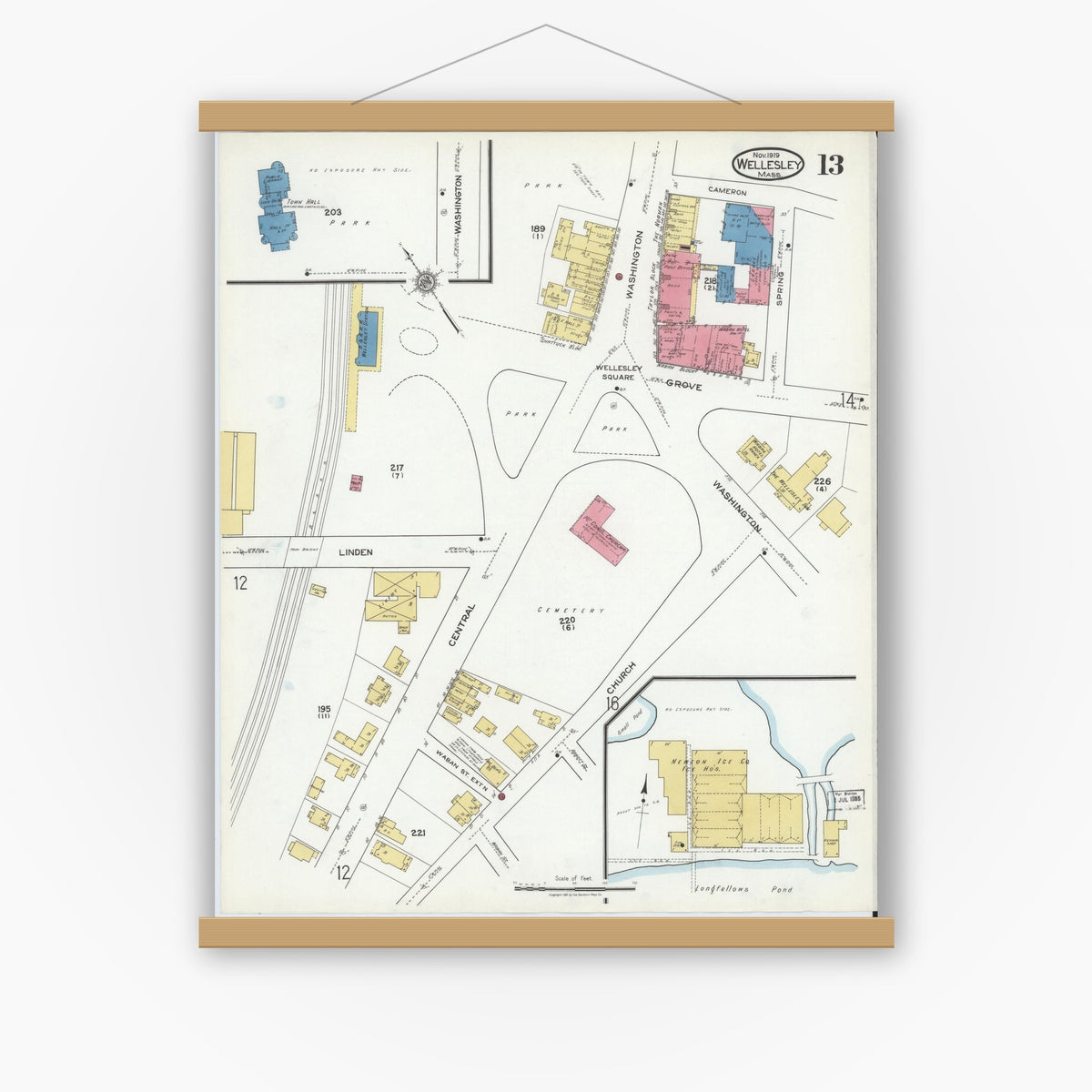 Old map wall art mockup — magnetic wood frame on white wall — Sanborn Fire Insurance Map from Wellesley, Norfolk County, Massachusetts (1919), Sheet #0013