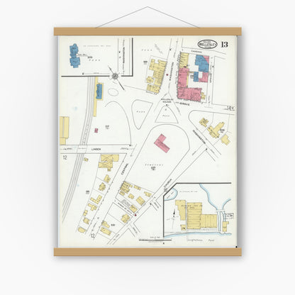 Old map wall art mockup — magnetic wood frame on white wall — Sanborn Fire Insurance Map from Wellesley, Norfolk County, Massachusetts (1919), Sheet #0013