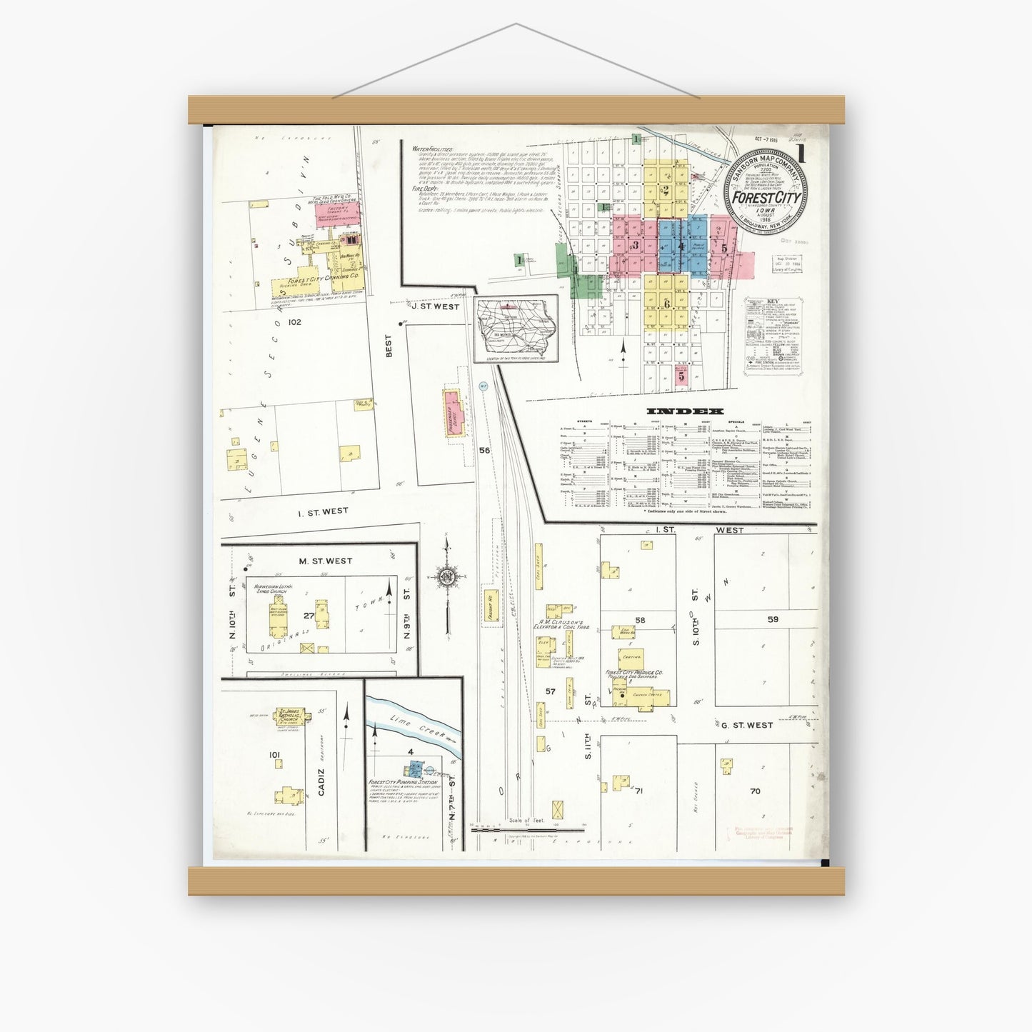 Old map wall art mockup — magnetic wood frame on white wall — Sanborn Fire Insurance Map from Forest City, Winnebago County, Iowa (1916), Sheet #0001