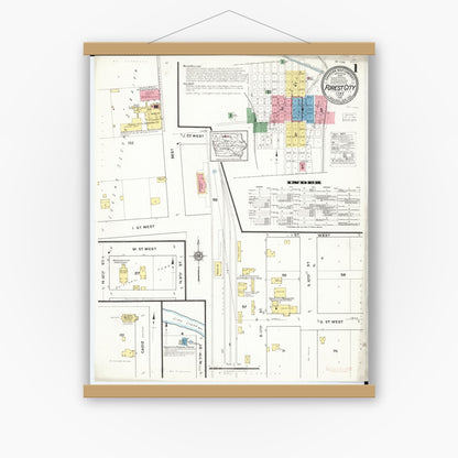 Old map wall art mockup — magnetic wood frame on white wall — Sanborn Fire Insurance Map from Forest City, Winnebago County, Iowa (1916), Sheet #0001