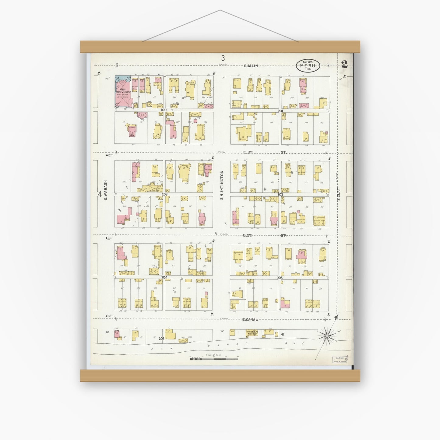 Old map wall art mockup — magnetic wood frame on white wall — Sanborn Fire Insurance Map from Peru, Miami County, Indiana (1899), Sheet #0002