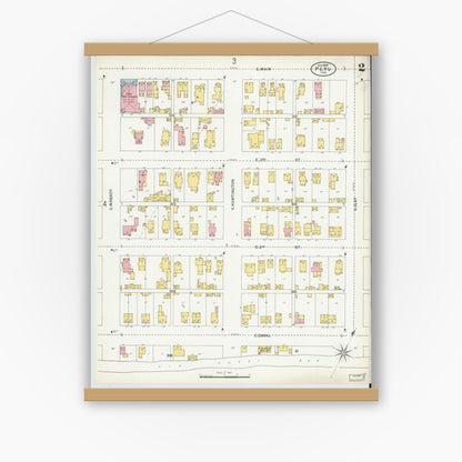 Old map wall art mockup — magnetic wood frame on white wall — Sanborn Fire Insurance Map from Peru, Miami County, Indiana (1899), Sheet #0002