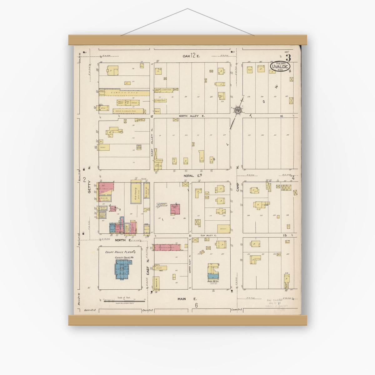 Old map wall art mockup — magnetic wood frame on white wall — Sanborn Fire Insurance Map from Uvalde, Uvalde County, Texas (1922), Sheet #0003