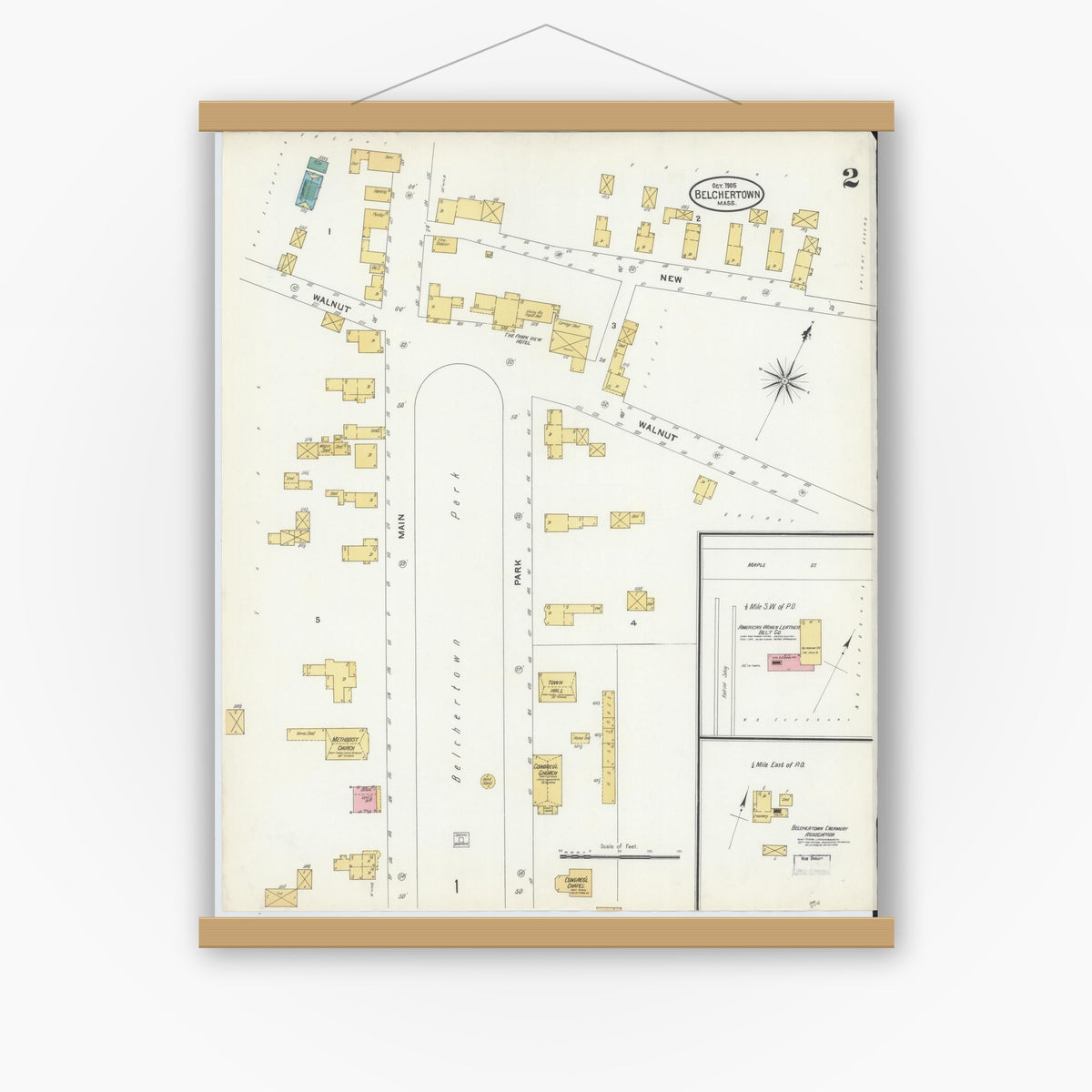 Old map wall art mockup — magnetic wood frame on white wall — Sanborn Fire Insurance Map from Belchertown, Hampshire County, Massachusetts (1905), Sheet #0002