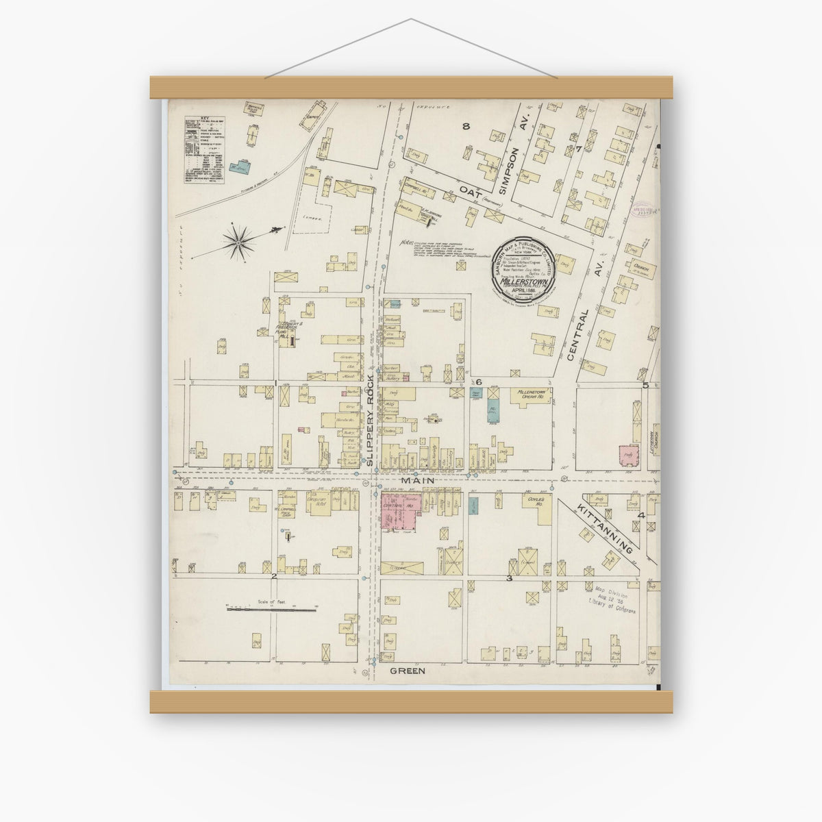 Old map wall art mockup — magnetic wood frame on white wall — Sanborn Fire Insurance Map from Millerstown, Butler County, Pennsylvania (1886), Sheet #0001