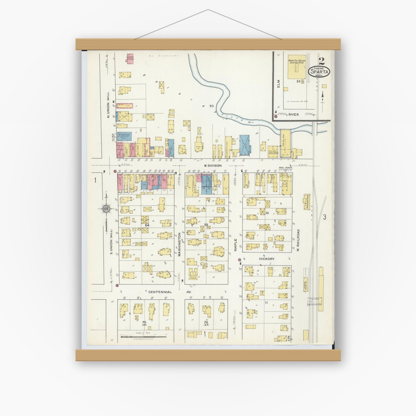 Old map wall art mockup — magnetic wood frame on white wall — Sanborn Fire Insurance Map from Sparta, Kent County, Michigan (1918), Sheet #0002