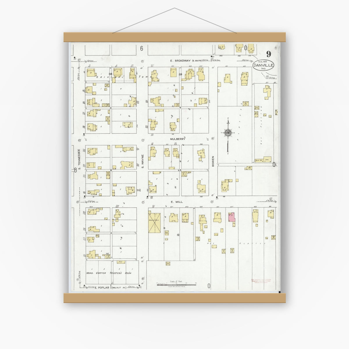 Old map wall art mockup — magnetic wood frame on white wall — Sanborn Fire Insurance Map from Danville, Hendricks County, Indiana (1920), Sheet #0009