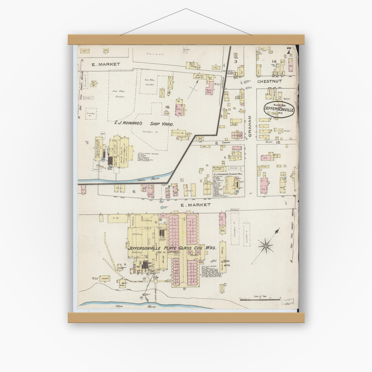 Old map wall art mockup — magnetic wood frame on white wall — Sanborn Fire Insurance Map from Jeffersonville, Clark County, Indiana (1886), Sheet #0007