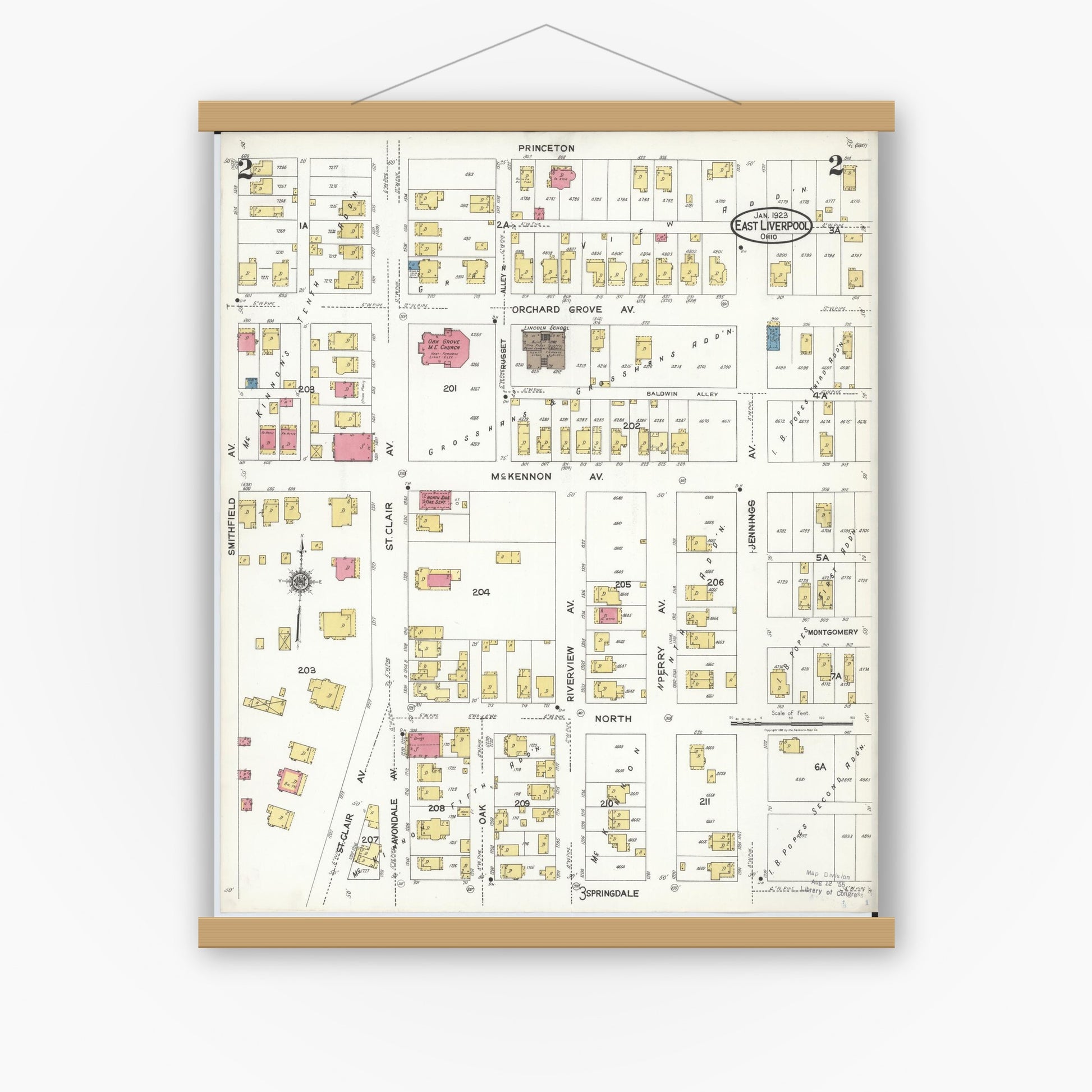Old map wall art mockup — magnetic wood frame on white wall — Sanborn Fire Insurance Map from East Liverpool, Columbiana County, Ohio (1923) - Complete Map Set