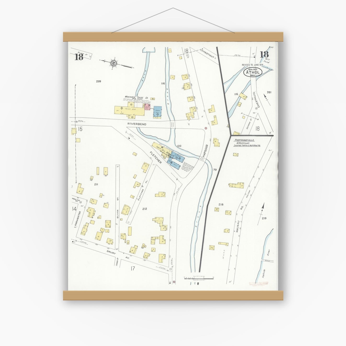 Old map wall art mockup — magnetic wood frame on white wall — Sanborn Fire Insurance Map from Athol, Worcester County, Massachusetts (1936), Sheet #0018