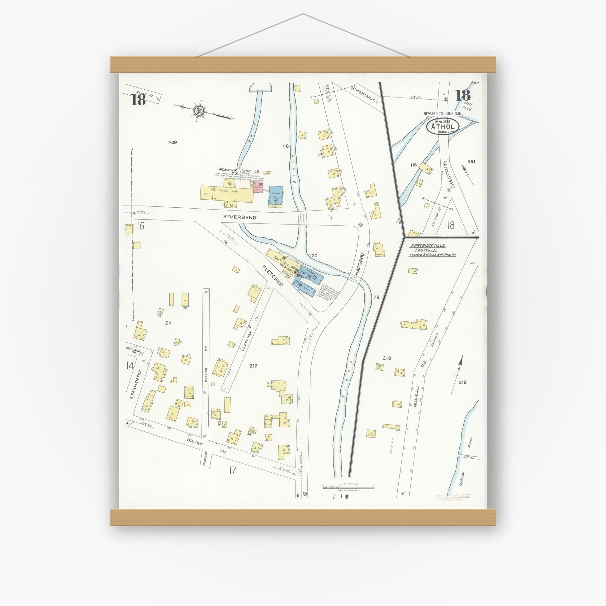 Old map wall art mockup — magnetic wood frame on white wall — Sanborn Fire Insurance Map from Athol, Worcester County, Massachusetts (1936), Sheet #0018