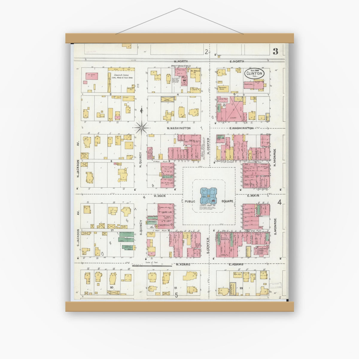 Old map wall art mockup — magnetic wood frame on white wall — Sanborn Fire Insurance Map from Clinton, De Witt County, Illinois (1904), Sheet #0003