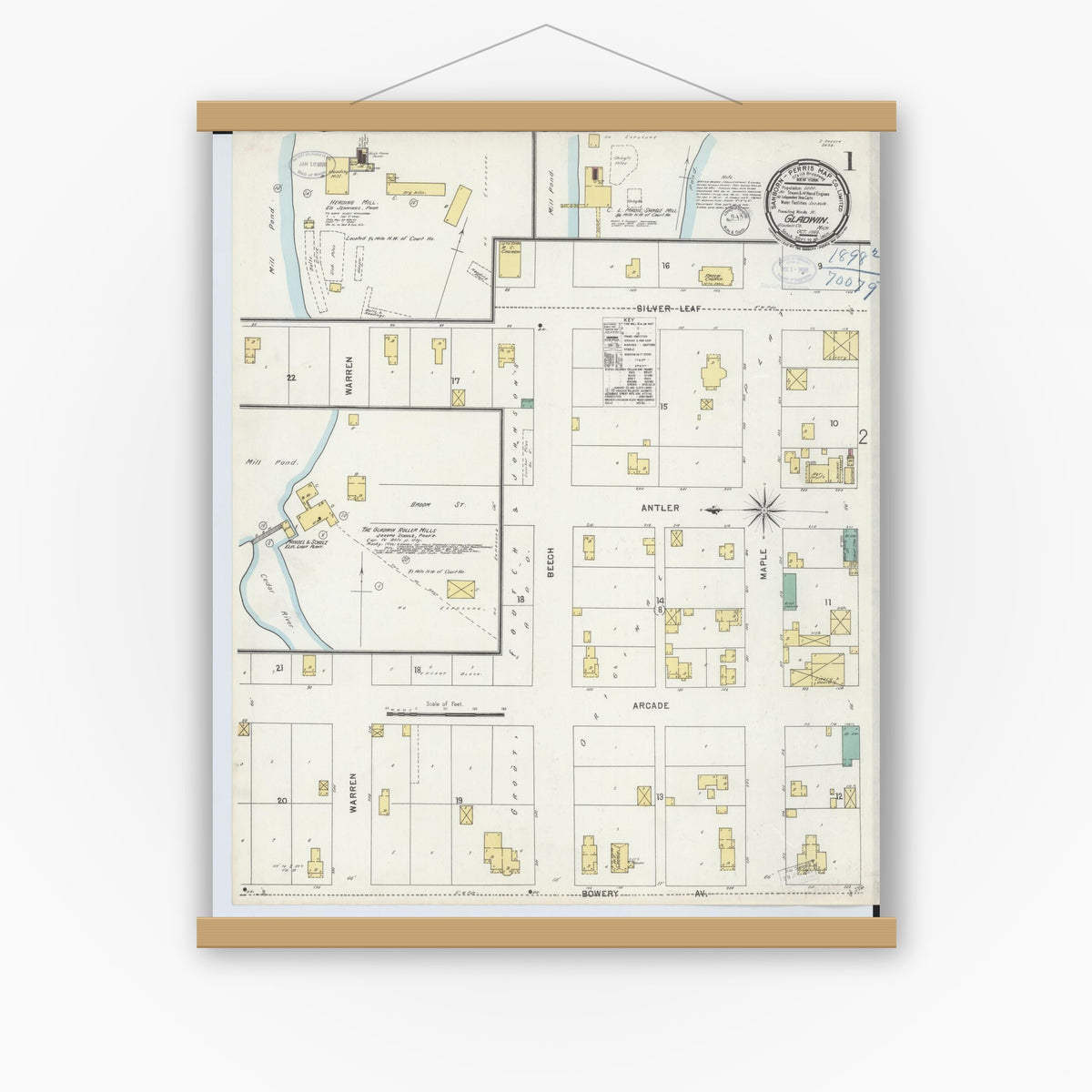 Old map wall art mockup — magnetic wood frame on white wall — Sanborn Fire Insurance Map from Gladwin, Gladwin County, Michigan (1898), Sheet #0001