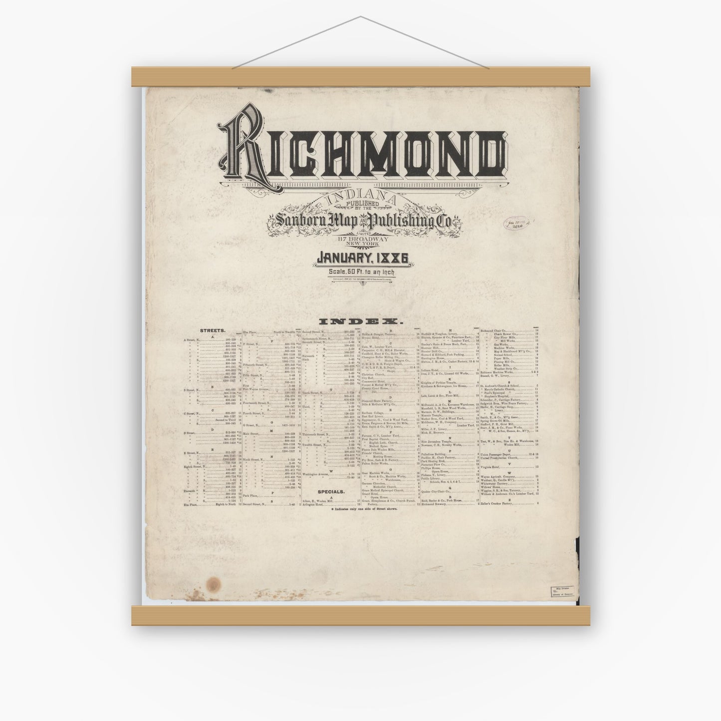 Old map wall art mockup — magnetic wood frame on white wall — Sanborn Fire Insurance Map from Richmond, Wayne County, Indiana (1886), Sheet #0001