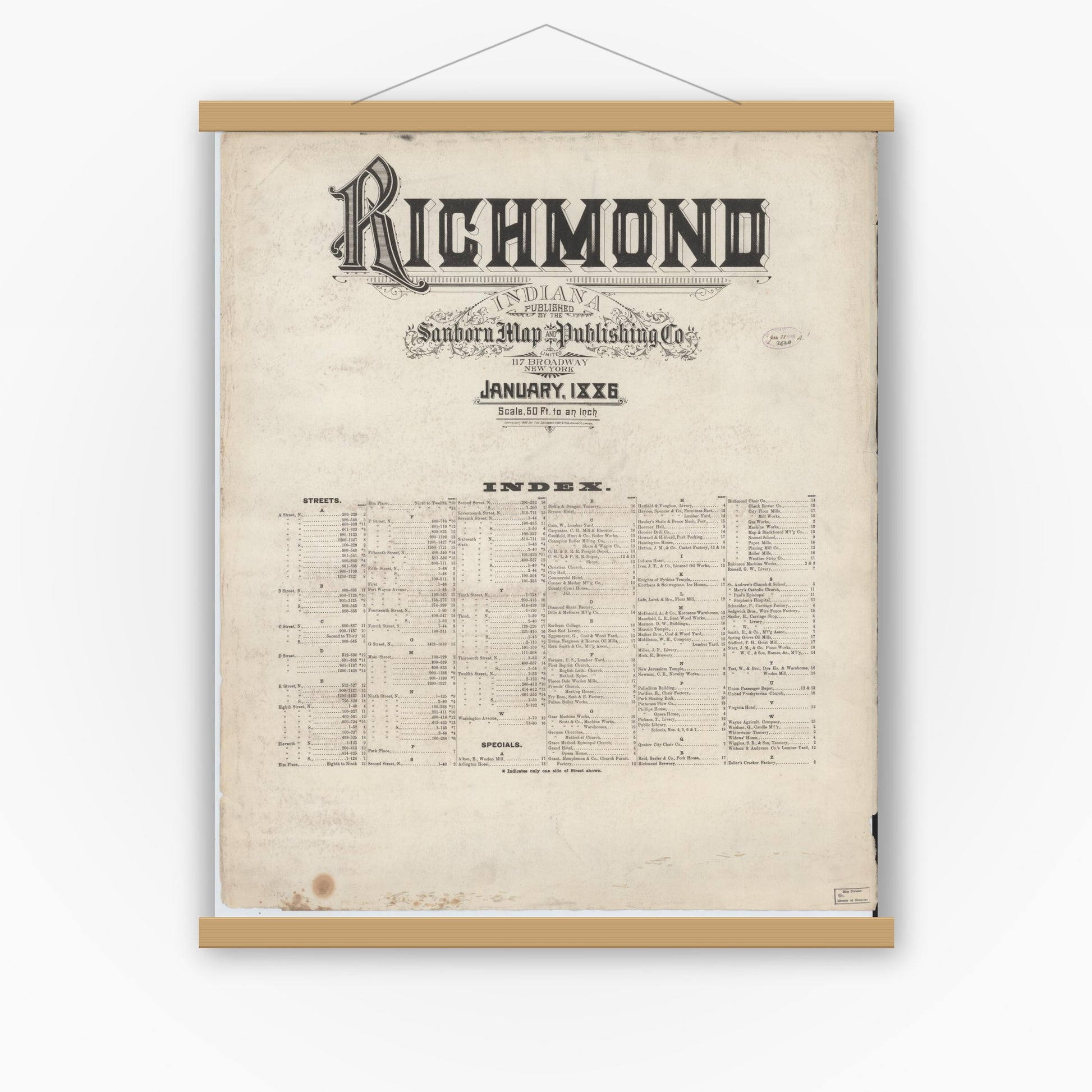 Old map wall art mockup — magnetic wood frame on white wall — Sanborn Fire Insurance Map from Richmond, Wayne County, Indiana (1886), Sheet #0001