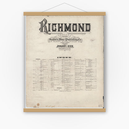 Old map wall art mockup — magnetic wood frame on white wall — Sanborn Fire Insurance Map from Richmond, Wayne County, Indiana (1886), Sheet #0001