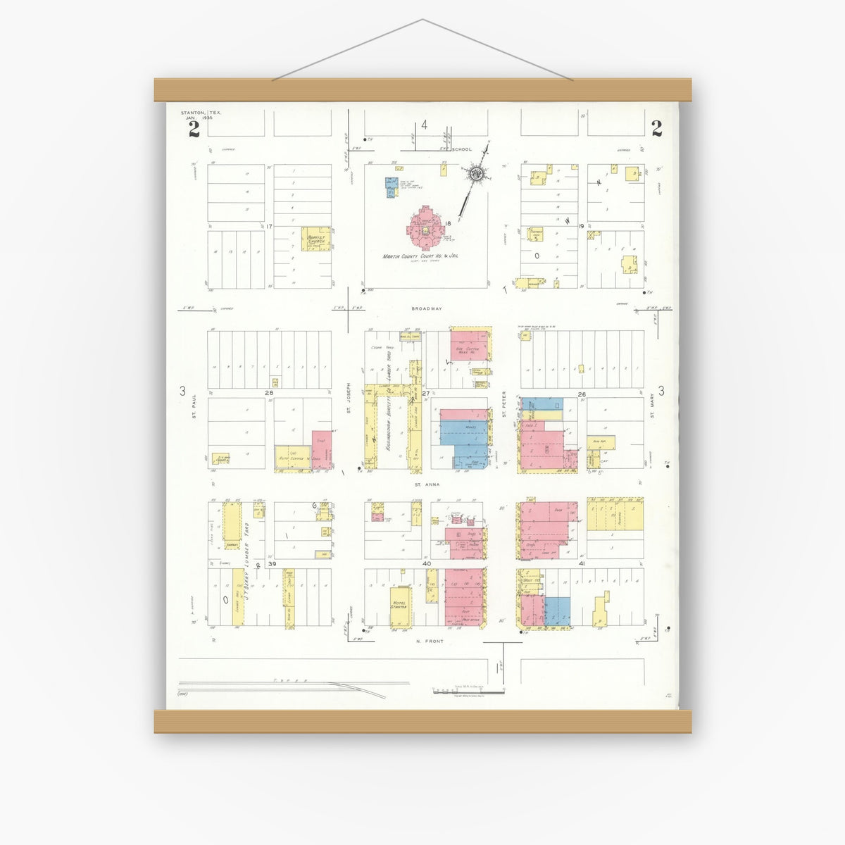 Old map wall art mockup — magnetic wood frame on white wall — Sanborn Fire Insurance Map from Stanton, Martin County, Texas (1935), Sheet #0002