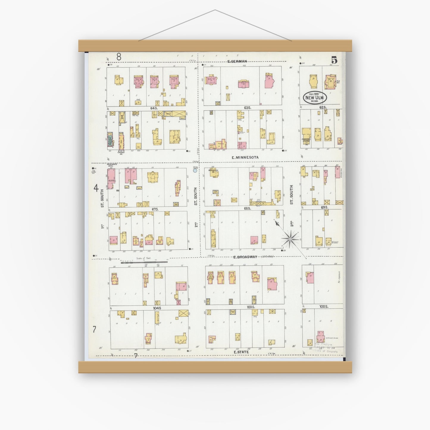 Old map wall art mockup — magnetic wood frame on white wall — Sanborn Fire Insurance Map from New Ulm, Brown County, Minnesota (1899), Sheet #0005