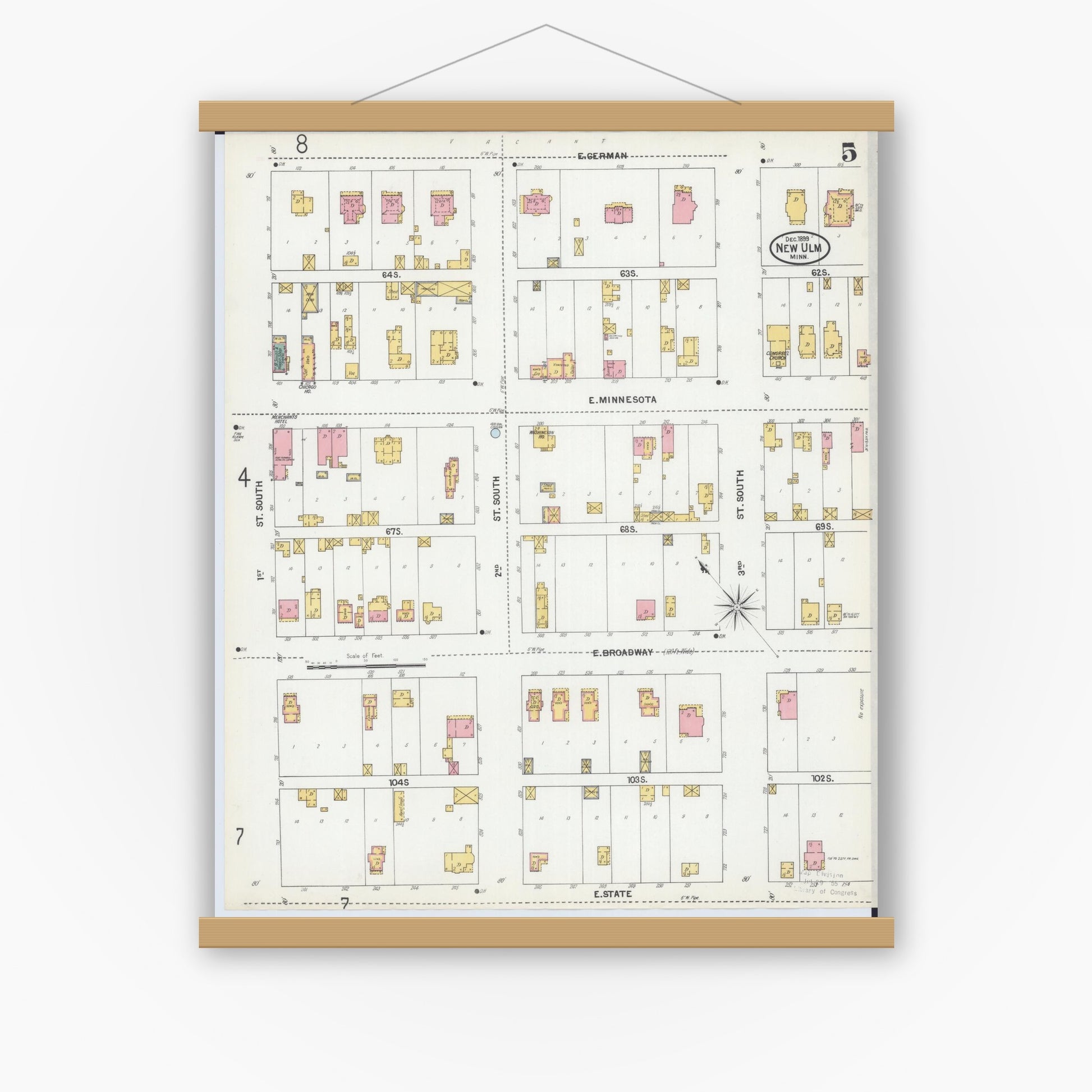 Old map wall art mockup — magnetic wood frame on white wall — Sanborn Fire Insurance Map from New Ulm, Brown County, Minnesota (1899), Sheet #0005