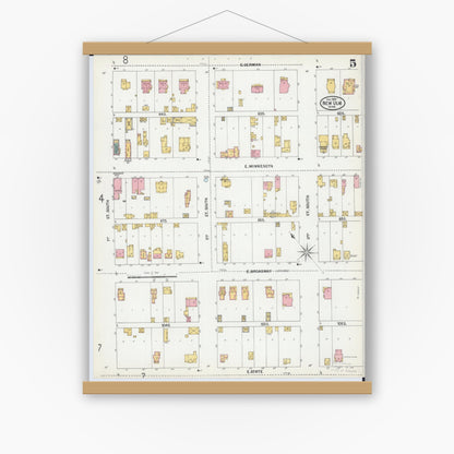 Old map wall art mockup — magnetic wood frame on white wall — Sanborn Fire Insurance Map from New Ulm, Brown County, Minnesota (1899), Sheet #0005
