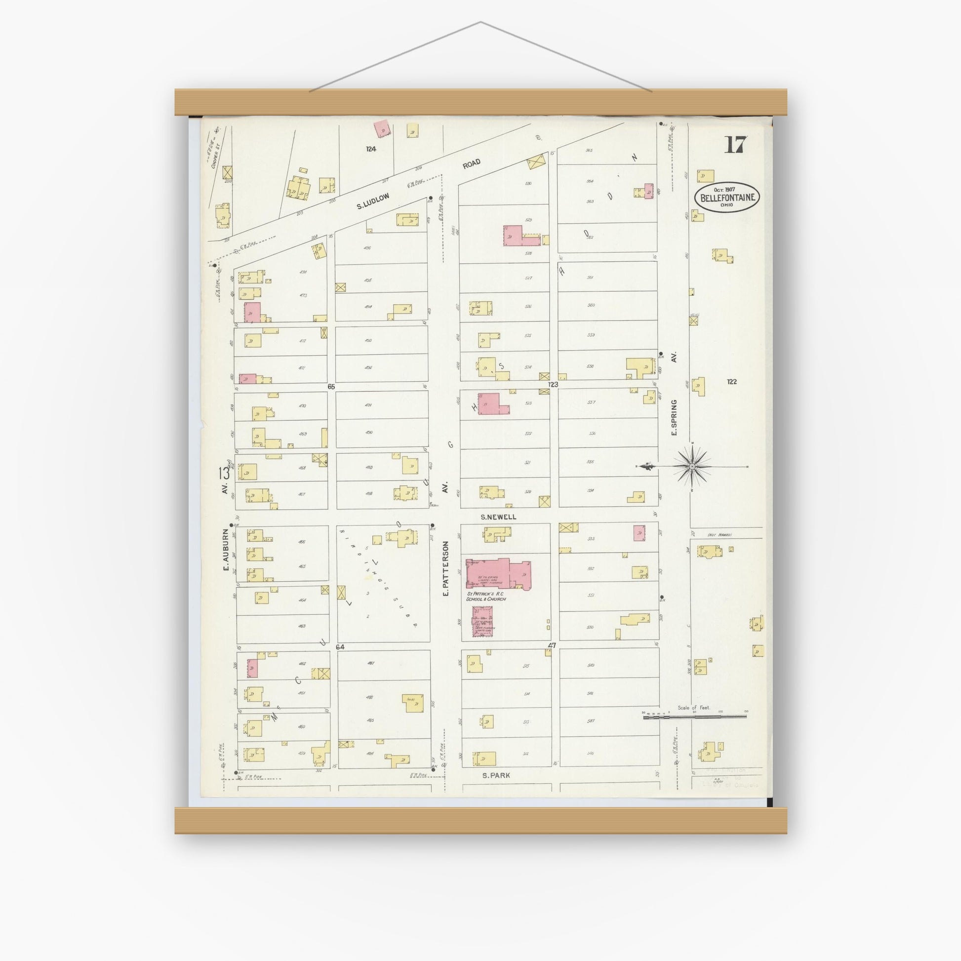 Old map wall art mockup — magnetic wood frame on white wall — Sanborn Fire Insurance Map from Bellefontaine, Logan County, Ohio (1907), Sheet #0017