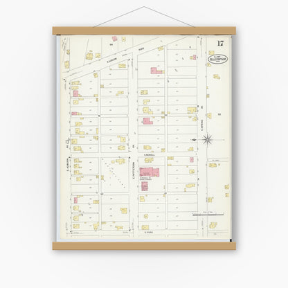 Old map wall art mockup — magnetic wood frame on white wall — Sanborn Fire Insurance Map from Bellefontaine, Logan County, Ohio (1907), Sheet #0017