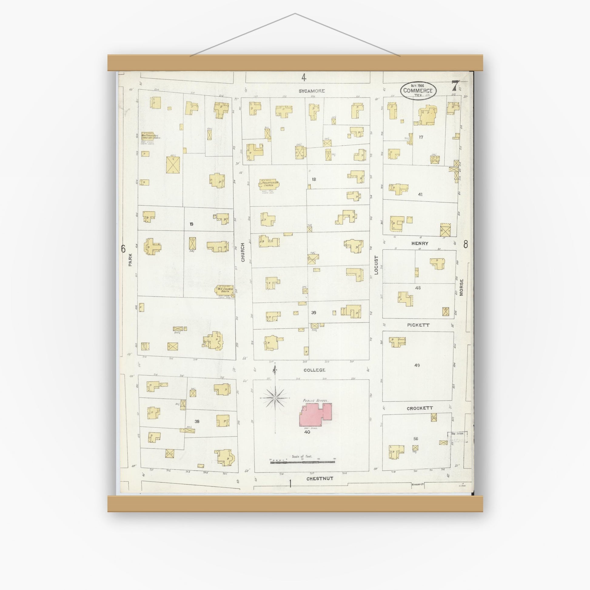 Old map wall art mockup — magnetic wood frame on white wall — Sanborn Fire Insurance Map from Commerce, Hunt County, Texas (1906), Sheet #0007