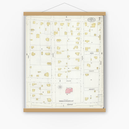 Old map wall art mockup — magnetic wood frame on white wall — Sanborn Fire Insurance Map from Commerce, Hunt County, Texas (1906), Sheet #0007