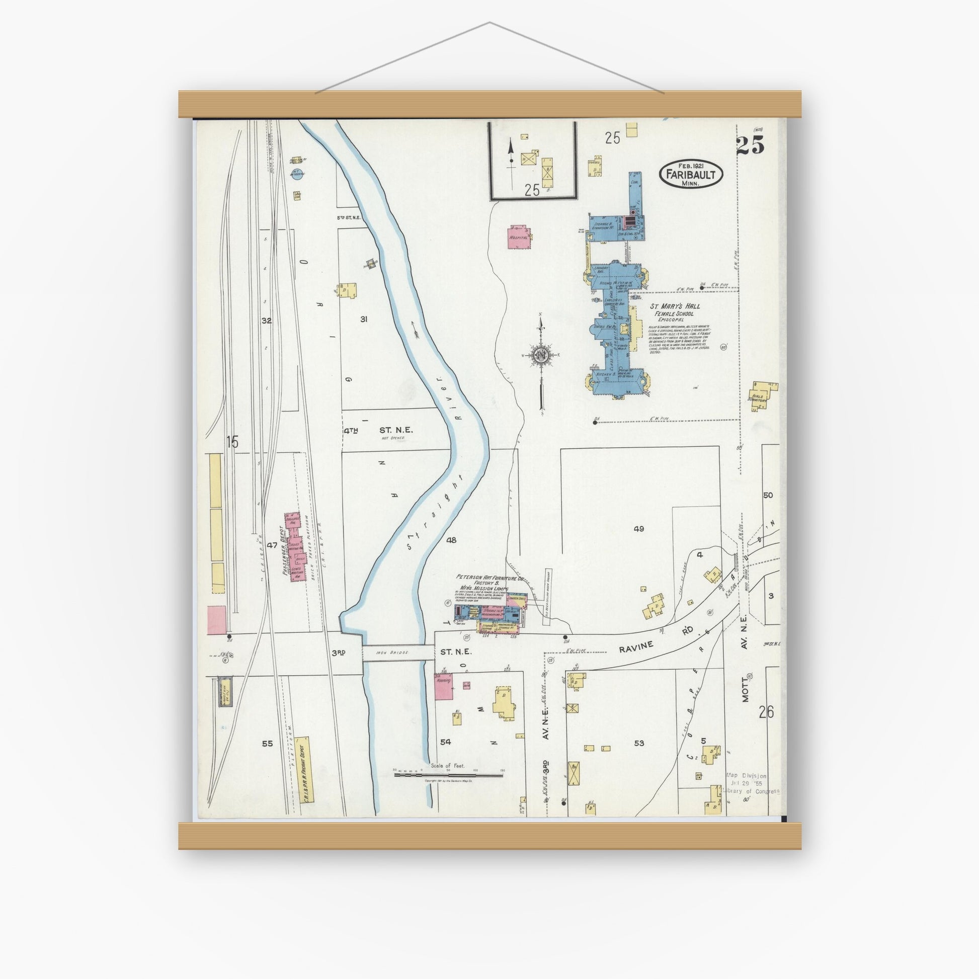 Old map wall art mockup — magnetic wood frame on white wall — Sanborn Fire Insurance Map from Faribault, Rice County, Minnesota (1921), Sheet #0025