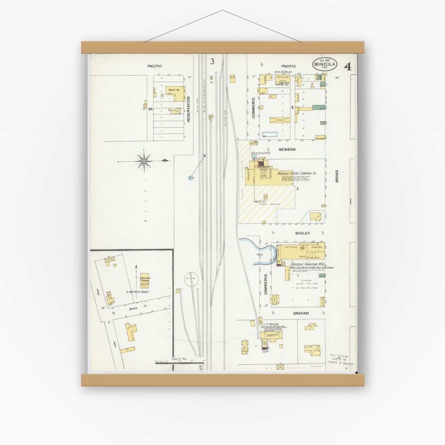 Old map wall art mockup — magnetic wood frame on white wall — Sanborn Fire Insurance Map from Mineola, Wood County, Texas (1901), Sheet #0004