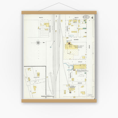 Old map wall art mockup — magnetic wood frame on white wall — Sanborn Fire Insurance Map from Mineola, Wood County, Texas (1901), Sheet #0004