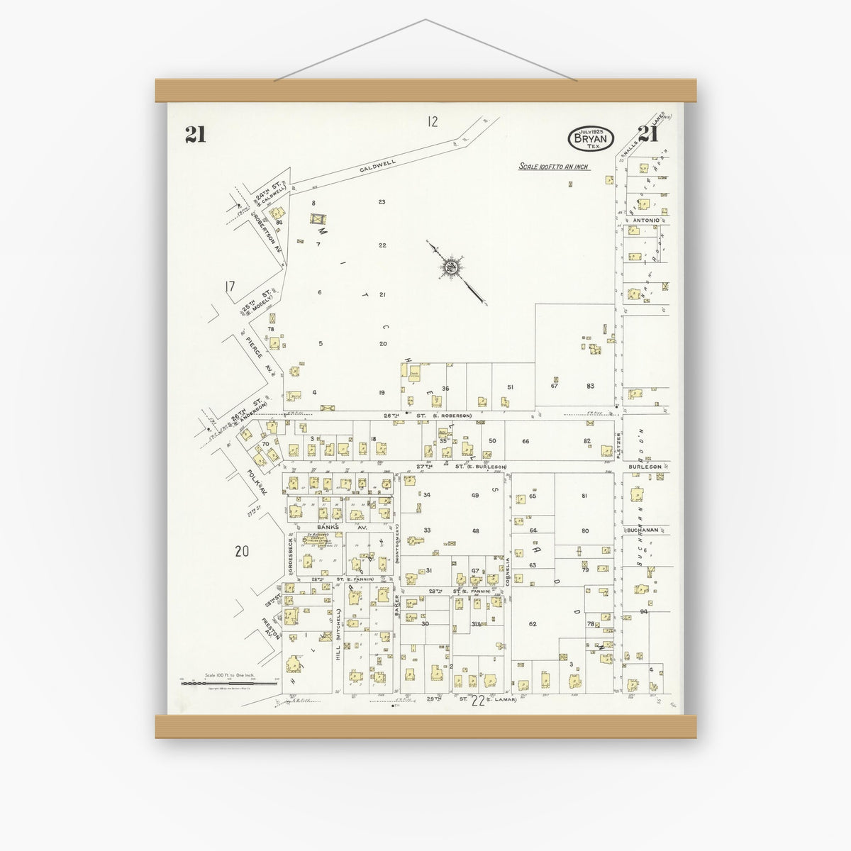 Old map wall art mockup — magnetic wood frame on white wall — Sanborn Fire Insurance Map from Bryan, Brazos County, Texas (1925), Sheet #0021