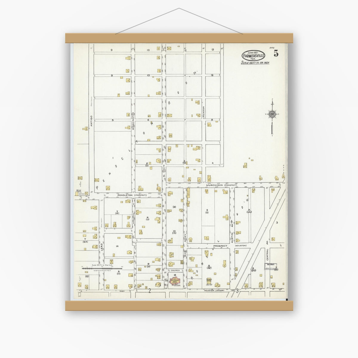 Old map wall art mockup — magnetic wood frame on white wall — Sanborn Fire Insurance Map from Farmersville, Collin County, Texas (1921), Sheet #0005