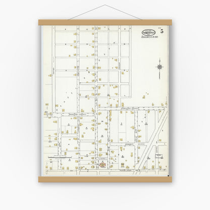 Old map wall art mockup — magnetic wood frame on white wall — Sanborn Fire Insurance Map from Farmersville, Collin County, Texas (1921), Sheet #0005