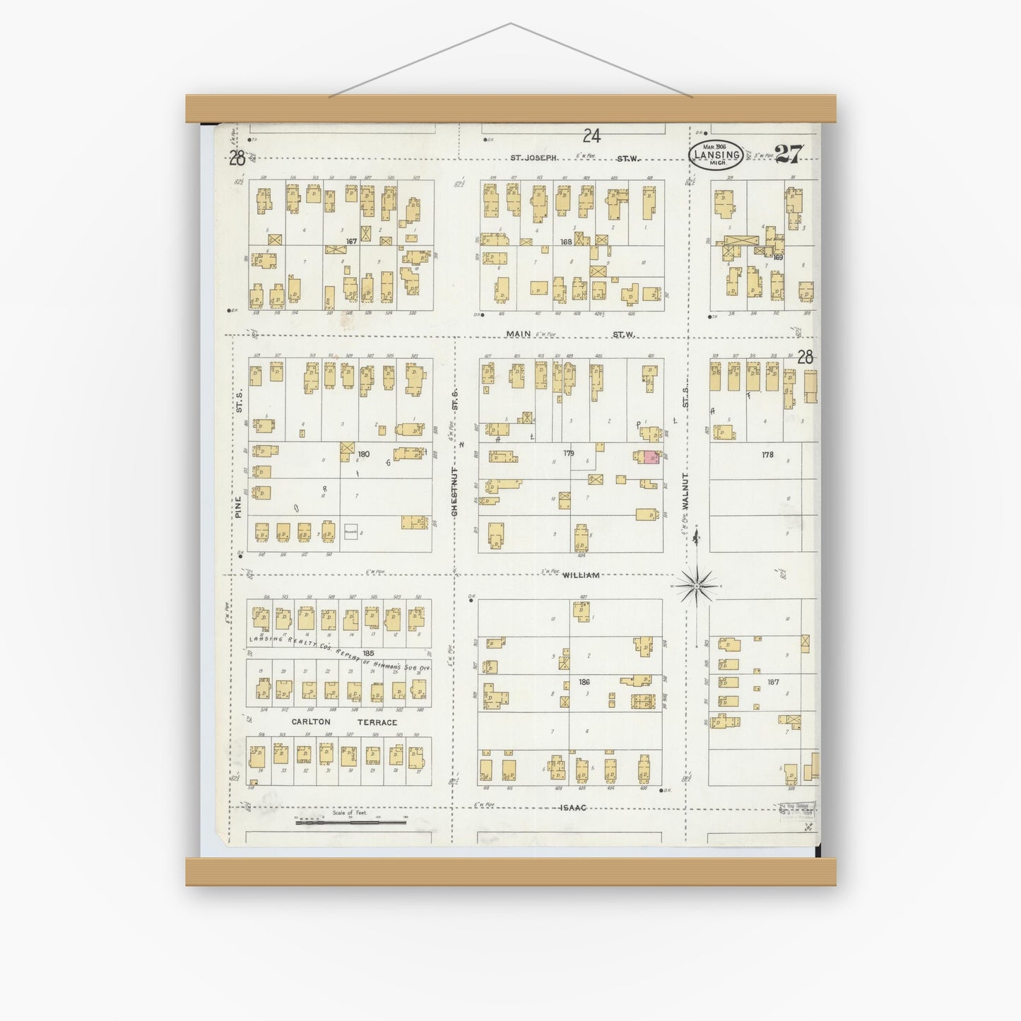 Old map wall art mockup — magnetic wood frame on white wall — Sanborn Fire Insurance Map from Lansing, Ingham County, Michigan (1906), Sheet #0027